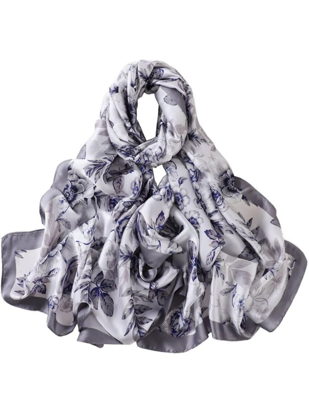 Women's Blue Lightweight Silk Like Scarves Flower Print Head Cotton Wrap Scarf